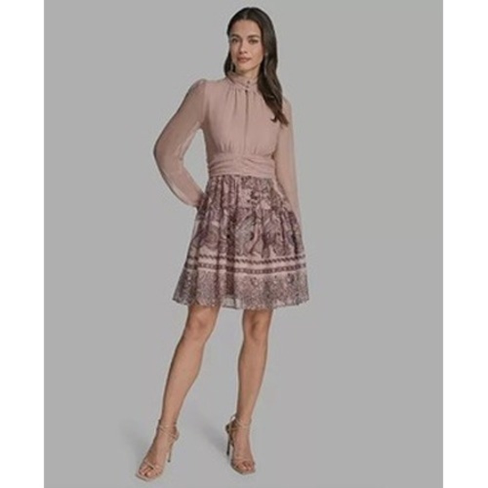 BCBG Women's Mock-Neck Long-Sleeve Chiffon Fit & Flare Dress 10 NWT